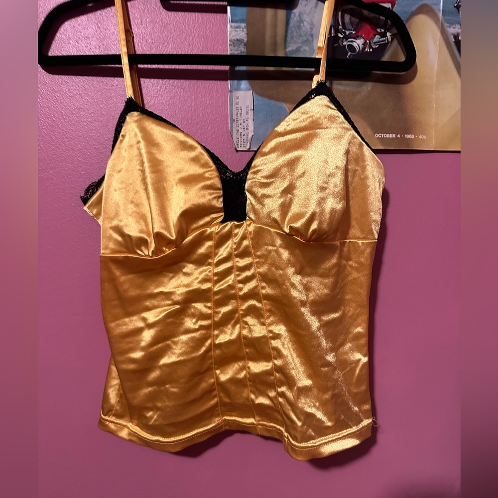 Yellow satin like tank top with back lace